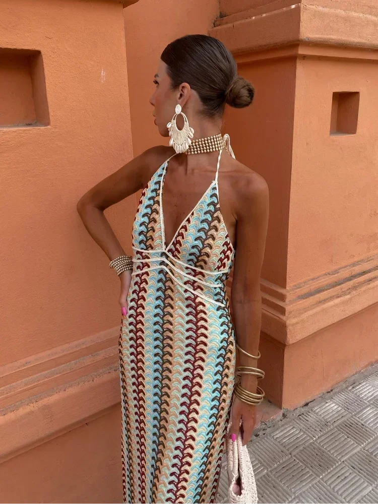 Women's Chevron Halter Maxi Dress with Waist Tie-Metro Lane Plaza