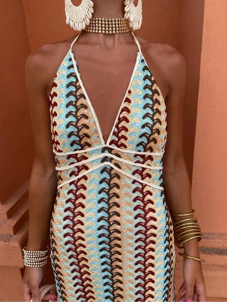Women's Chevron Halter Maxi Dress with Waist Tie-Metro Lane Plaza