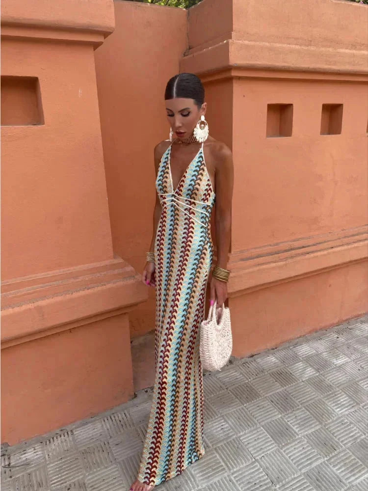 Women's Chevron Halter Maxi Dress with Waist Tie-Metro Lane Plaza