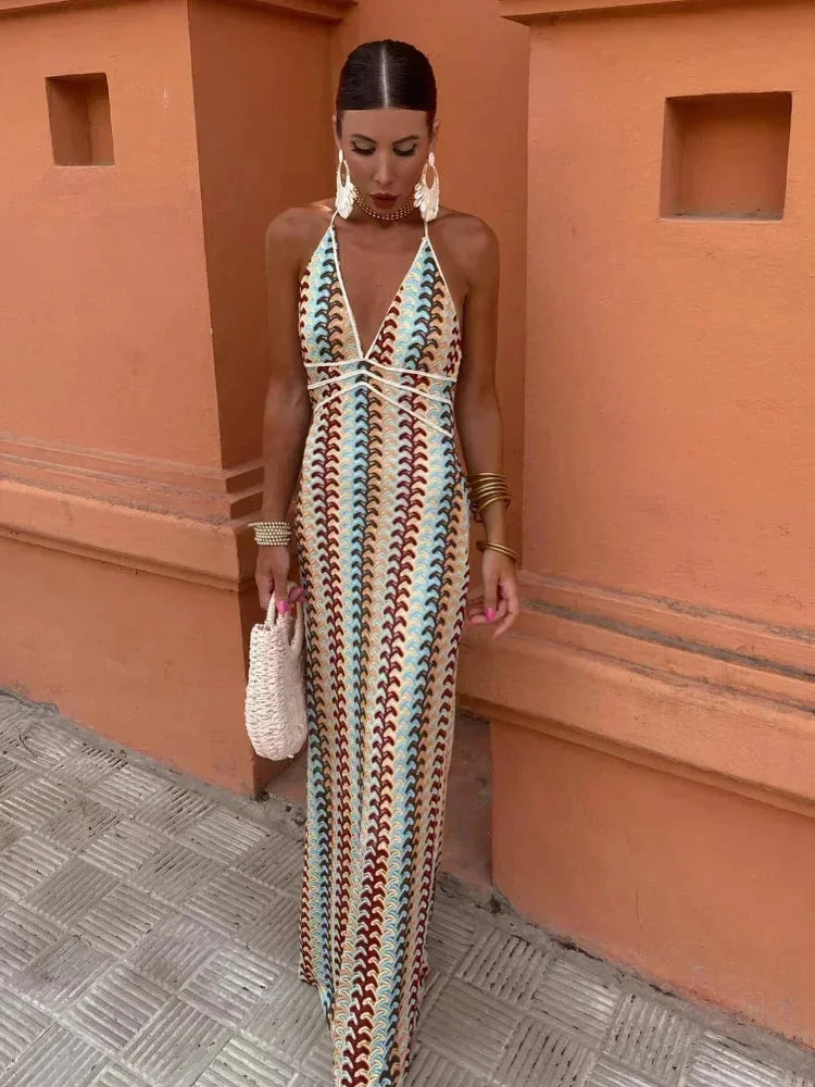 Women's Chevron Halter Maxi Dress with Waist Tie-Metro Lane Plaza