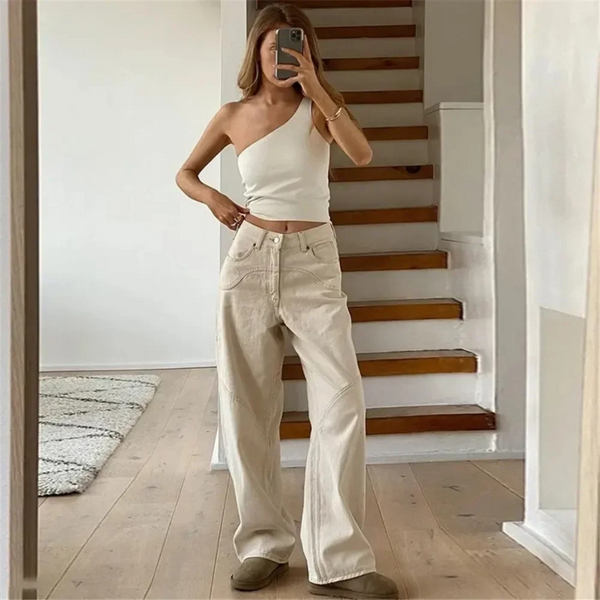 Zinnia | Women's Casual Beige Flared Pants with Loose Fit-Metro Lane Plaza