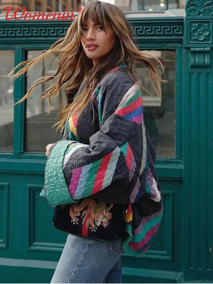 Oversize-Retro-Patchwork-Steppjacke für Damen mit einzigartigem Stil