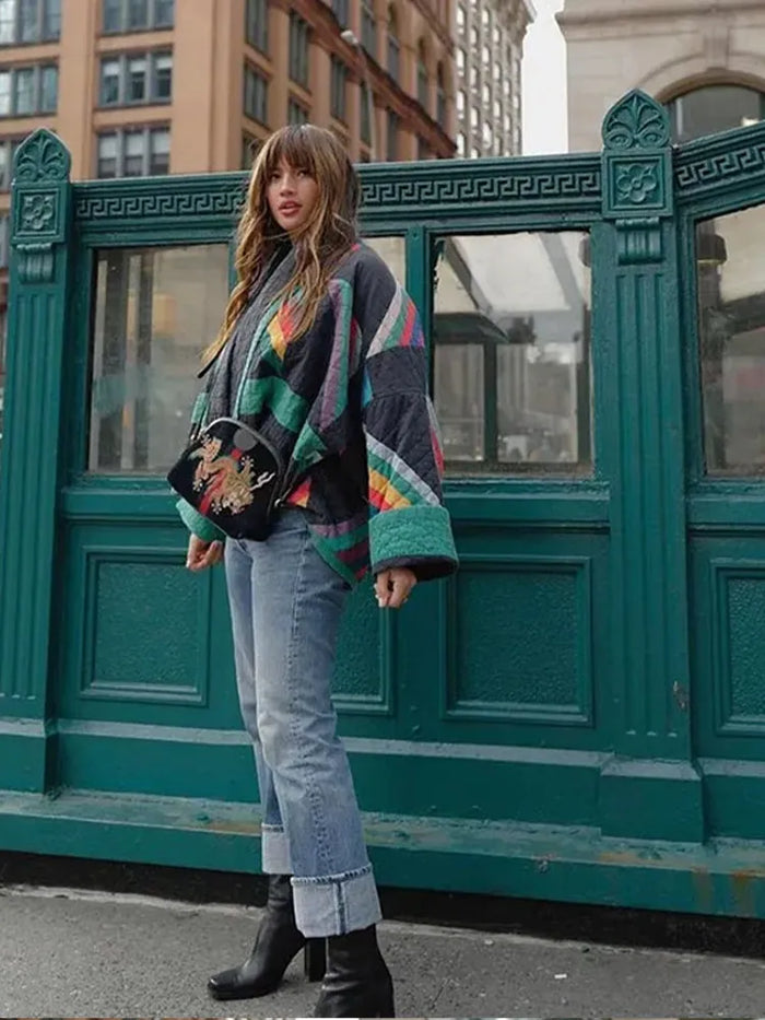 Oversize-Retro-Patchwork-Steppjacke für Damen mit einzigartigem Stil