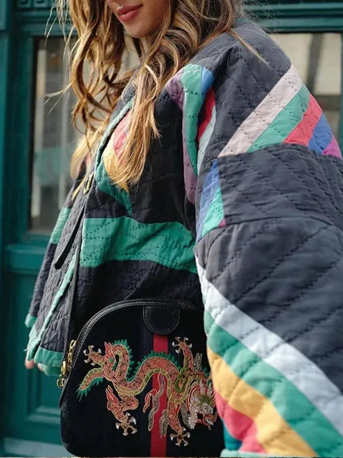 Oversize-Retro-Patchwork-Steppjacke für Damen mit einzigartigem Stil